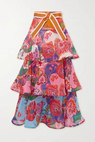 Shop Zimmermann The Lovestruck Tiered Cotton And Silk-blend Georgette Maxi Skirt In Pink