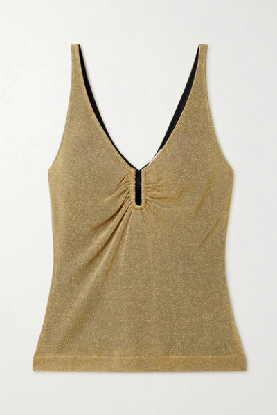Shop Fendi Gathered Metallic Knitted Camisole In Gold