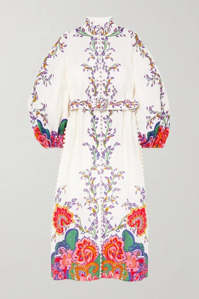 Shop Zimmermann The Lovestruck Belted Paisley-print Linen Midi Dress In White