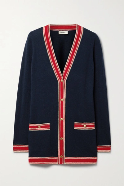 Shop L Agence Ariel Metallic-trimmed Merino Wool And Cashmere-blend Cardigan In Navy