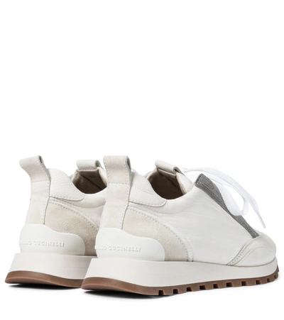 Shop Brunello Cucinelli Embellished Leather-trimmed Sneakers In White