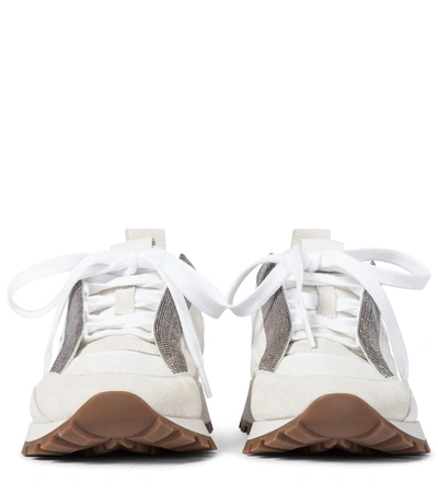 Shop Brunello Cucinelli Embellished Leather-trimmed Sneakers In White