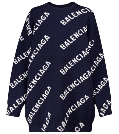 Shop Balenciaga Logo Intarsia Wool Sweater In Blue