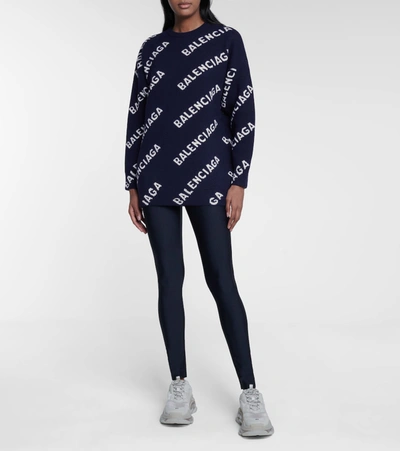 Shop Balenciaga Logo Intarsia Wool Sweater In Blue