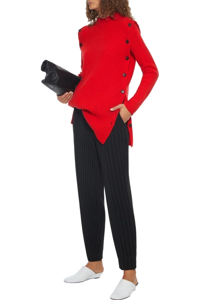 Marni Convertible Button-detailed Ribbed Wool Tunic In Red