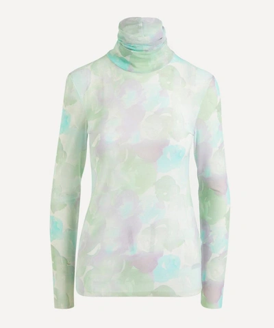 Shop Ganni Blur Print Mesh Roll-neck Top In Bright White