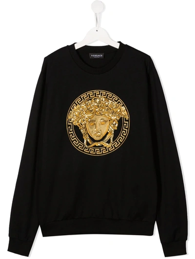 Shop Young Versace Medusa Logo Embroidered Sweatshirt In Black