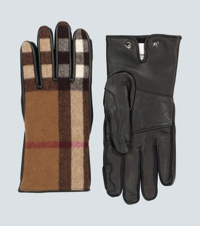 Shop Burberry Leather And Wool Gloves In Beige