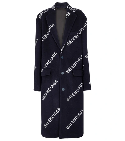 Shop Balenciaga Logo Wool And Cashmere-blend Coat In Blue