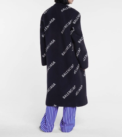 Shop Balenciaga Logo Wool And Cashmere-blend Coat In Blue