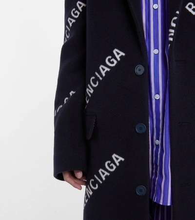 Shop Balenciaga Logo Wool And Cashmere-blend Coat In Blue