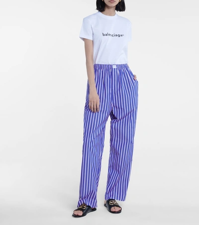 Shop Balenciaga Striped Cotton Poplin Wide-leg Pants In Blue