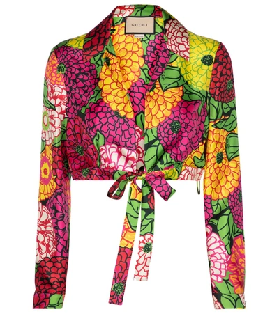 Shop Gucci X Ken Scott Floral Silk Crop Top In Multicoloured