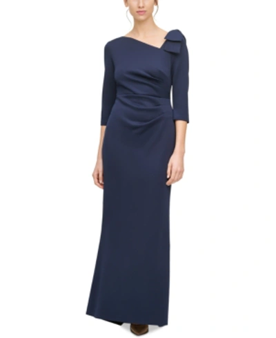 Shop Jessica Howard Petite Asymmetrical-neck Bow Detail Gown In Navy