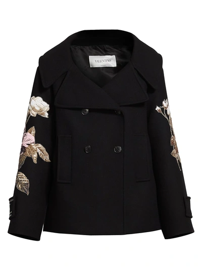 Shop Valentino Women's Floral Embroidered Double Breasted Wool Peacoat In Black Multi
