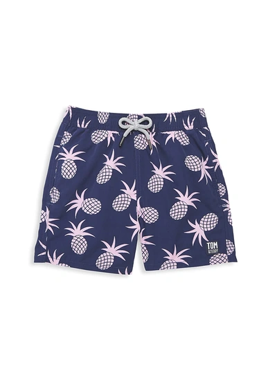 Shop Tom & Teddy Little Boy's & Boy's Pineapple Swim Trunks In Navy Pink