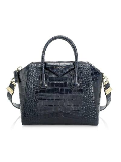 Shop Givenchy Small Antigona Croc-embossed Leather Satchel In Navy