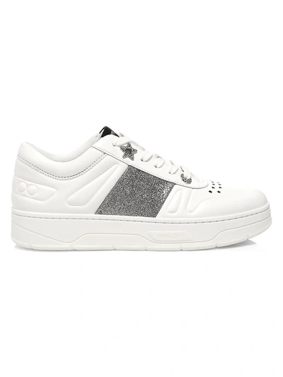 Shop Jimmy Choo Hawaii Glitter & Leather Sneakers In White