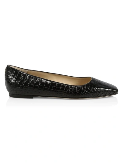 Shop Jimmy Choo Mirele Croc-embossed Leather Ballet Flats In Black