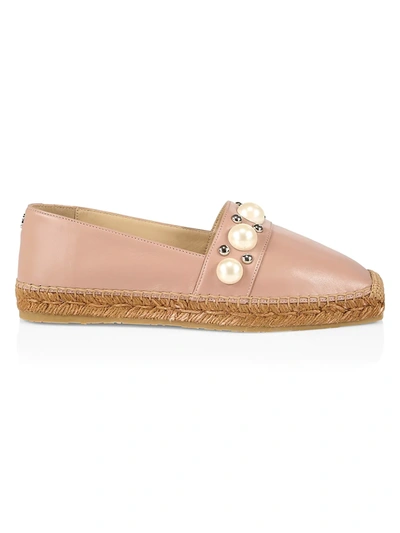 Shop Jimmy Choo Dru Embellished Leather Espadrilles In Ballet Pink