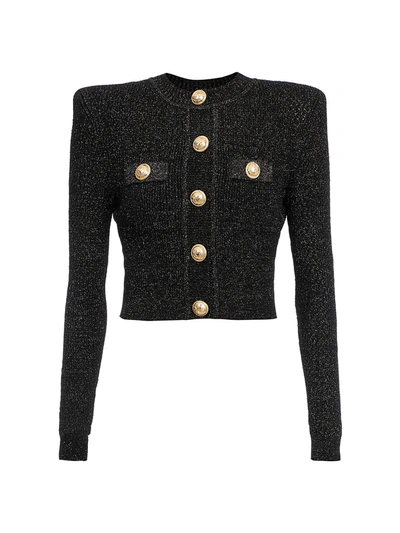 Shop Balmain Short Buttoned Lurex Knit Cardigan In Noir
