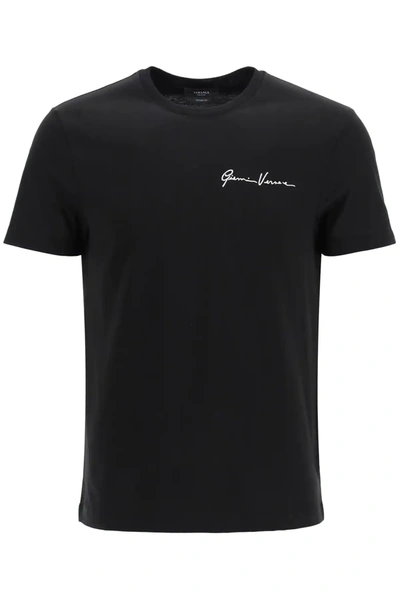 Shop Versace T-shirt With Gv Signature Embroidery In Black,white
