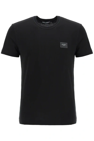 Shop Dolce & Gabbana Cotton T-shirt With Logo Plaque In Black