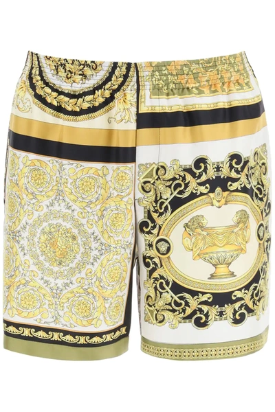 Shop Versace Barocco Mosaic Print Silk Bermudas In Black,gold,white