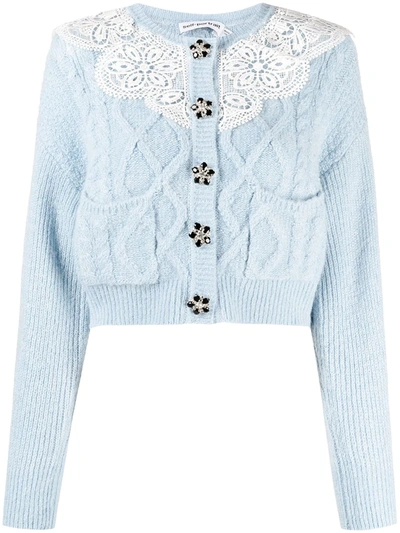 Self-portrait Cropped Lace-trimmed Crystal-embellished Cable-knit Cardigan  In Light Blue | ModeSens