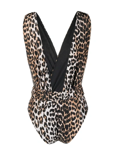 Shop Ganni Leopard-print Swimsuit In Neutrals