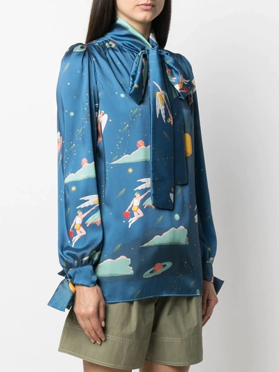 Shop Alessandro Enriquez Graphic-print Pussy-bow Blouse In Blue