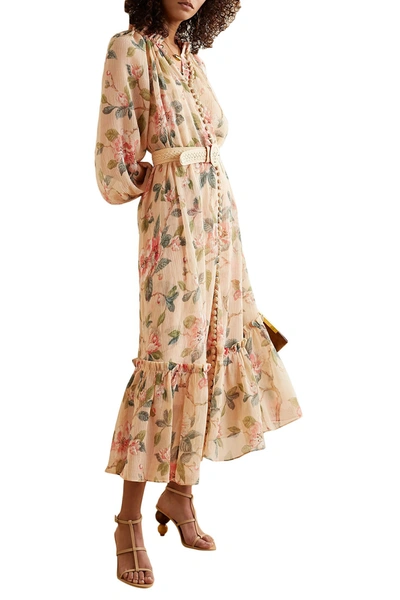Shop Zimmermann Kirra Belted Floral-print Plissé Cotton And Silk-blend Midi Dress In Pastel Orange