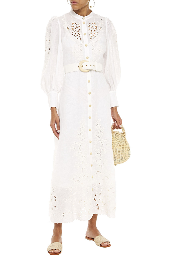 Zimmermann Peggy Belted Broderie Anglaise Linen Maxi Dress In White