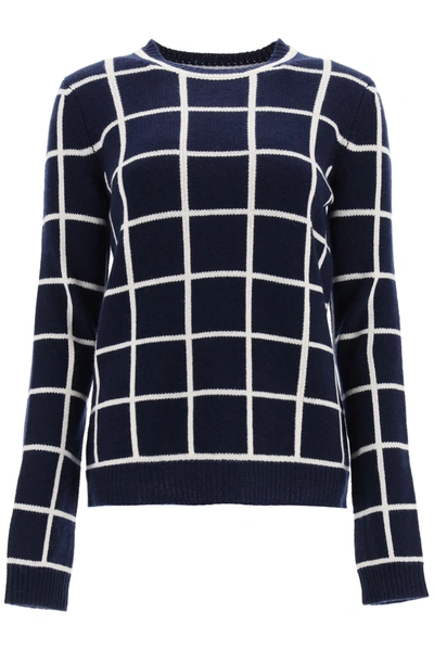 Shop Gabriela Hearst Checkered Crew Neck Sweater In Navy Ivory Windowpane (blue)