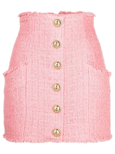 Shop Balmain High-waisted Tweed Skirt In Pink