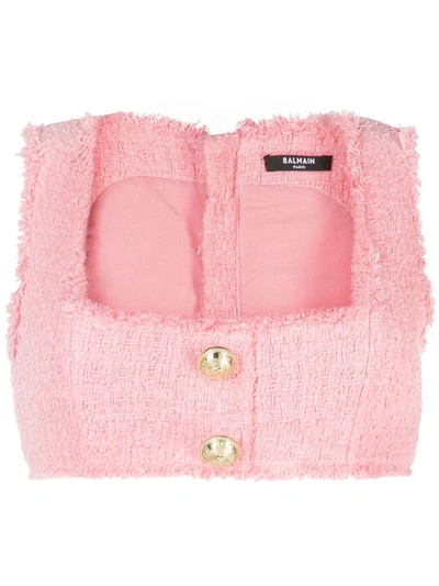 Shop Balmain Cropped Tweed Vest In Pink