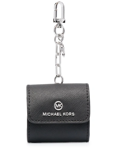 Shop Michael Michael Kors Clip-on Leather Airpods Holder In Black