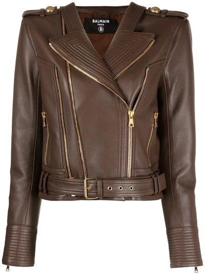 Shop Balmain Leather Biker Jacket In Brown