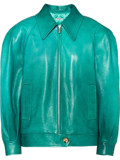 Miu Miu Zipped Leather Jacket in Green