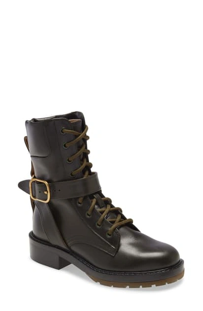 Shop Chloé Diane Buckle Combat Boot In Carbon Green