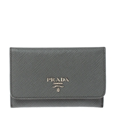 Pre-owned Prada Grey Saffiano Leather Flap Card Holder
