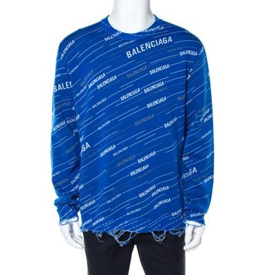 Pre-owned Balenciaga Blue Logo Wool Knit Distressed Sweatshirt M