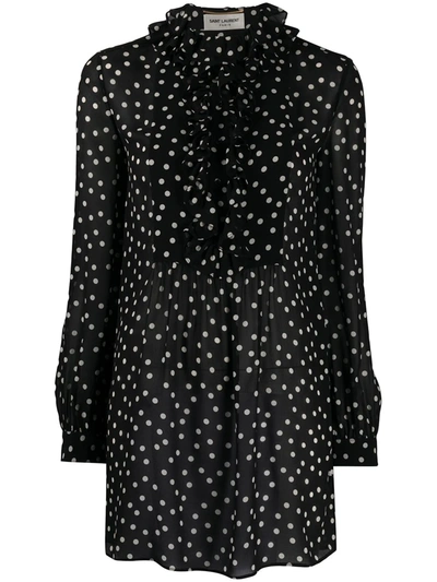 Shop Saint Laurent Ruffled Polka-dot Mini Dress In Black