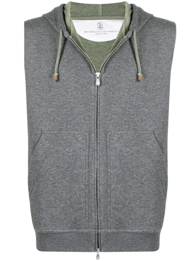 Shop Brunello Cucinelli Sleeveless Zip-up Hoodie In Grey