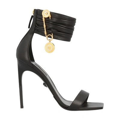 Shop Versace Lamb Leather Heeled Sandals In Black Warm Gold