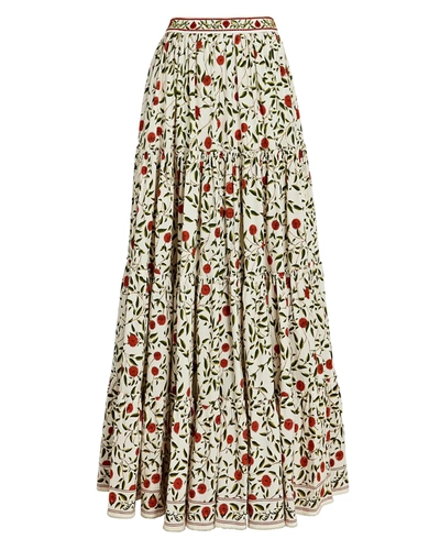 Shop Agua By Agua Bendita Macadamia Floral Tiered Maxi Skirt In Beige/green