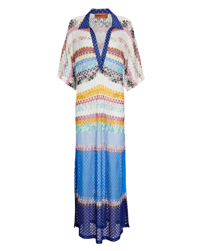 Shop Missoni Knit Chevron Polo Maxi Dress In Blue/rainbow