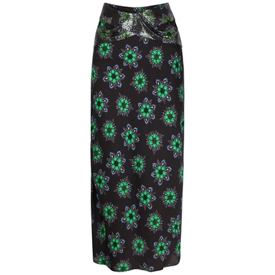 Shop Rabanne Floral-print Satin Midi Skirt In Black