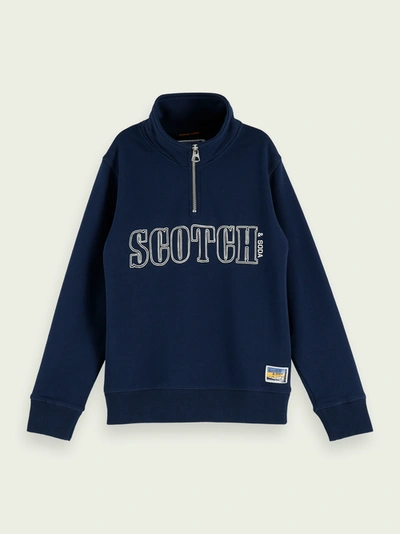 Shop Scotch & Soda Printed Half-zip Cotton Sweatshirt In Blue