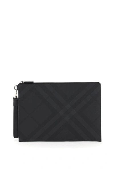 Shop Burberry Edin Large Pouch London Check In Dark Charcoal